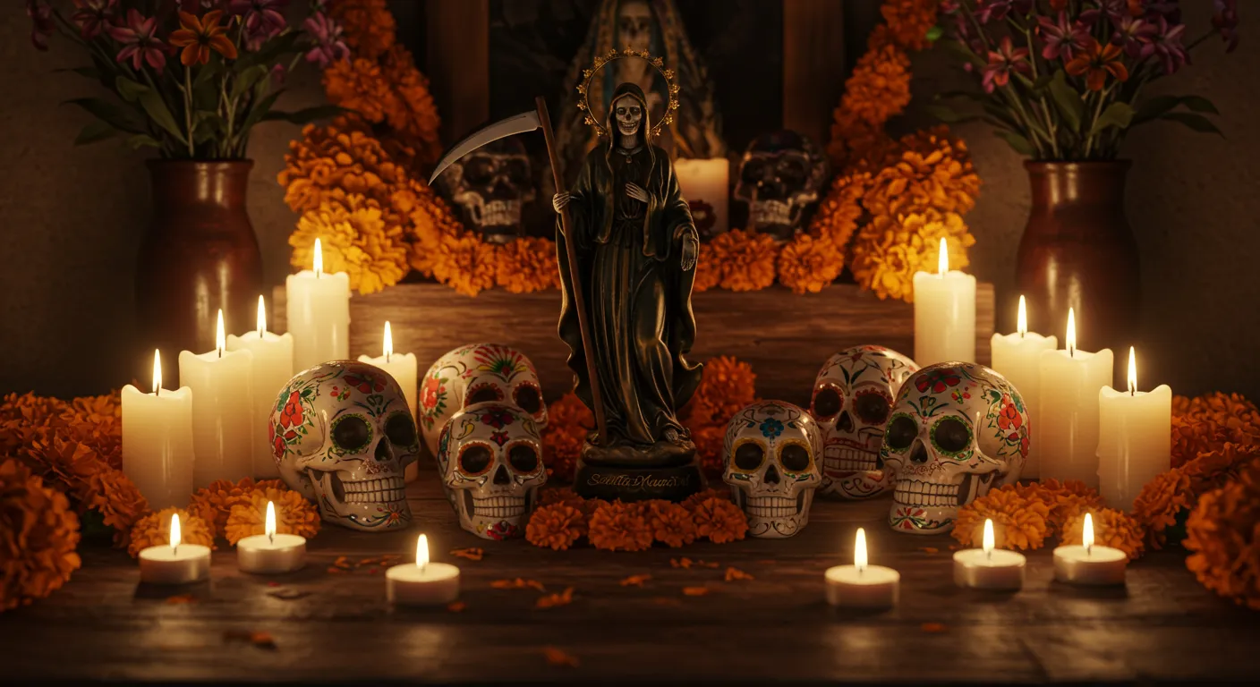 Fondo impactante de la Santa Muerte, símbolo de protección y poder